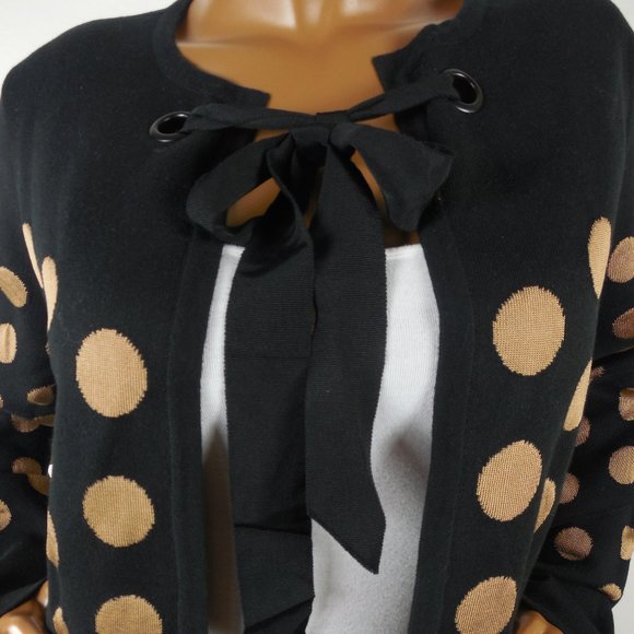 CHICO'S Top L Sz 2 Black/Tan Dot Long Cardigan Sweater Ribbon Tie Heavyweight - Picture 4 of 14